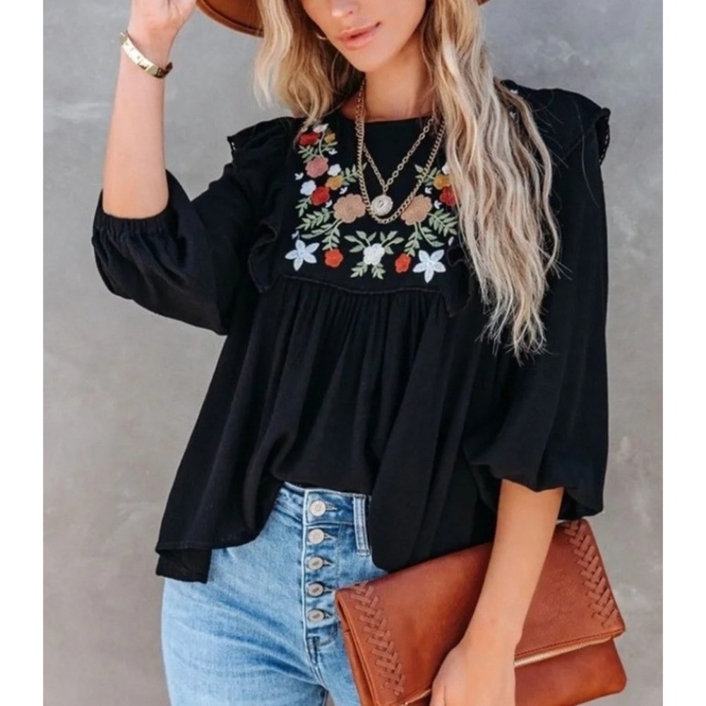 T213. Boho Floral Embroidered Ruffle Babydoll Top